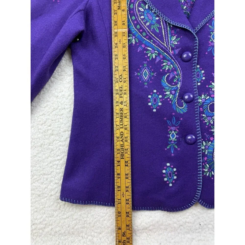 Bob Mackie Blazer Purple Wool Blend Art To Wear Boho Mod Retro Paisley Jacket L - Picture 10 of 10